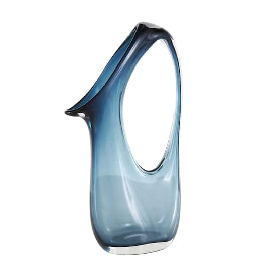 Blue Abstract Glass Vase with Cutout Handle & Elongated Opening